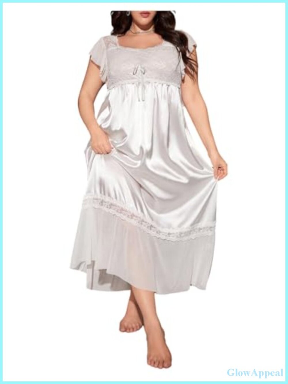 Plus Size Satin Nightgown Short Sleeve Square Neck Ruffled Maxi Sleep Dress